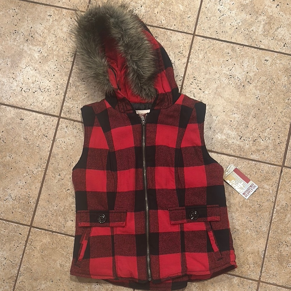 Buffalo Plaid Hooded Vest with Faux Fur Trim